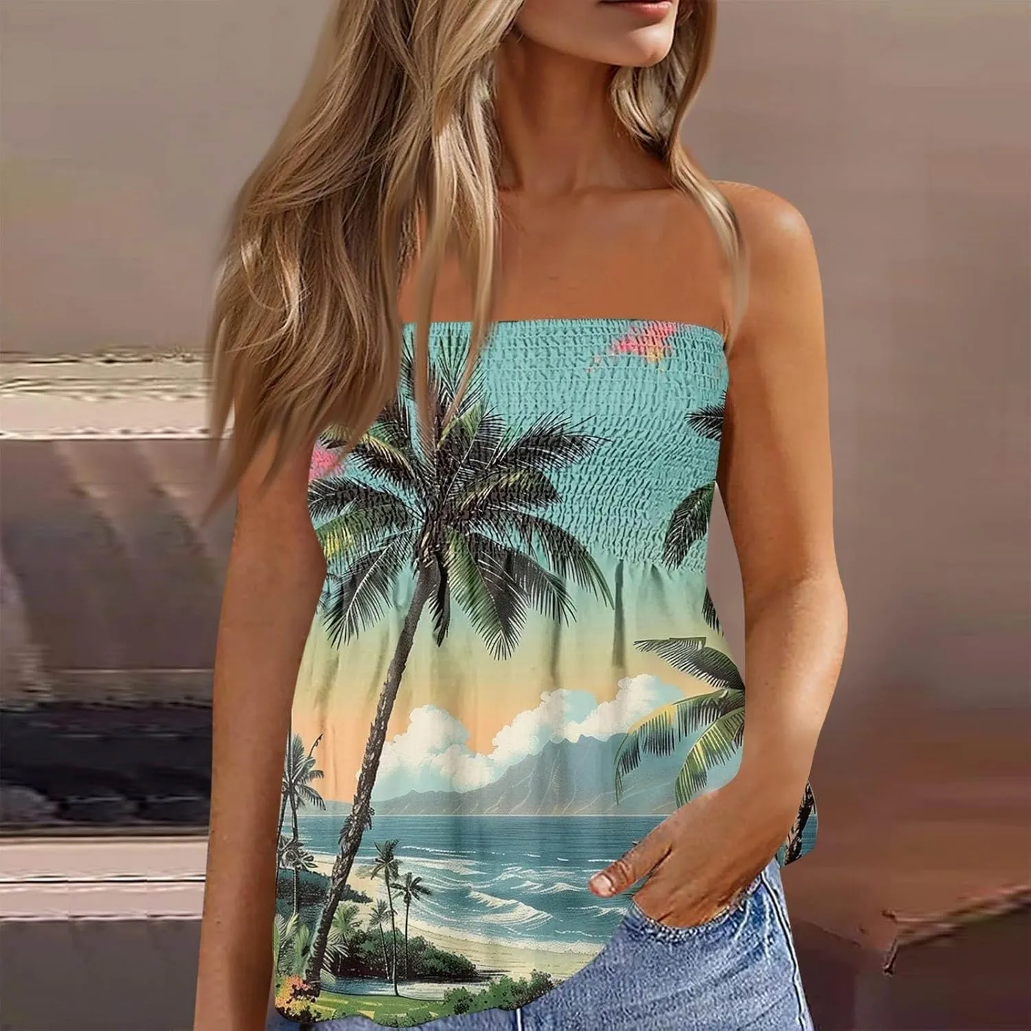 Tube Tops for Women Sleeveless Smocked Ruffled Tanks Strapless Floral Print Tube Tops Lightweight Sexy Bandeau