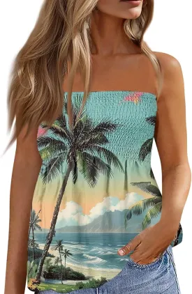 Tube Tops for Women Sleeveless Smocked Ruffled Tanks Strapless Floral Print Tube Tops Lightweight Sexy Bandeau