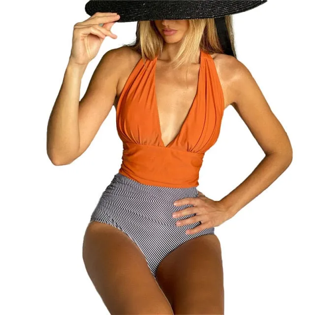 Upopby Hot Belly One-Piece Swimsuit V Neck Halter Block Swimwear