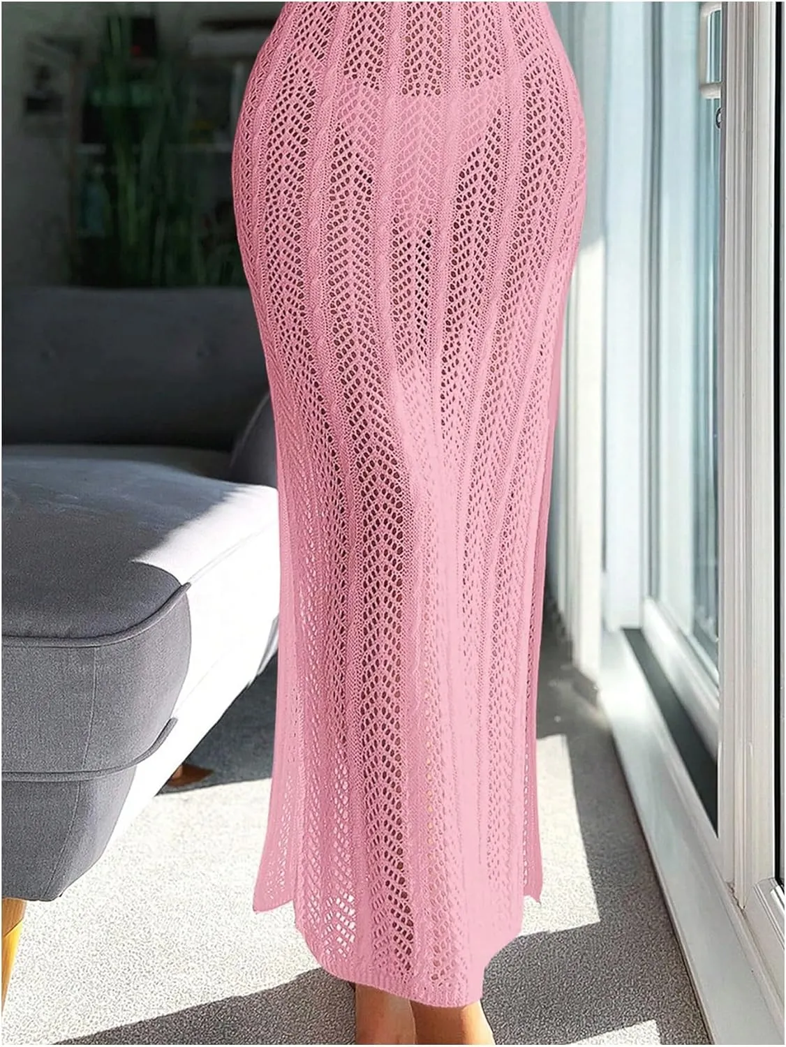 Verdusa Women's Halter Neck Tied Backless Crochet Knitted Bikini Cover Up Dress