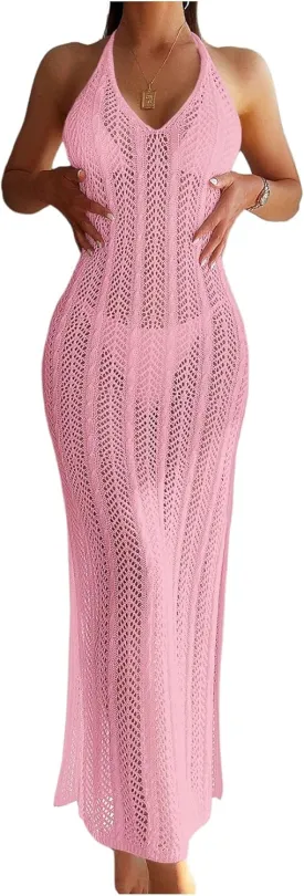 Verdusa Women's Halter Neck Tied Backless Crochet Knitted Bikini Cover Up Dress