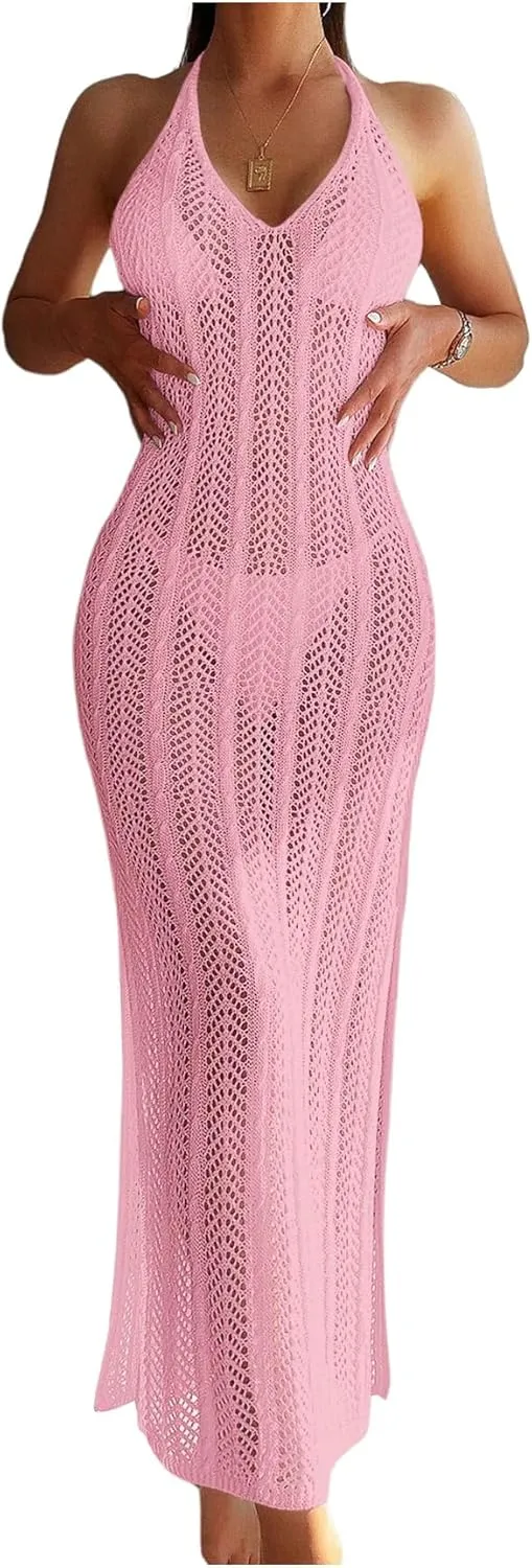 Verdusa Women's Halter Neck Tied Backless Crochet Knitted Bikini Cover Up Dress