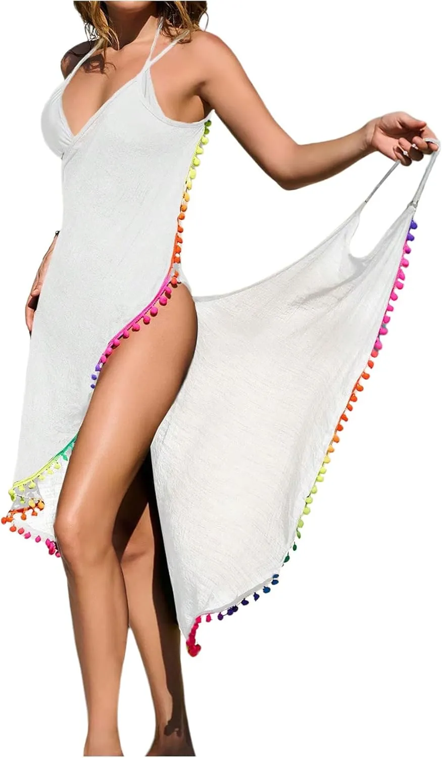 Verdusa Women's V Neck Open Back Beach Cover Up Contrast Trim Sleeveless Wrap Dress