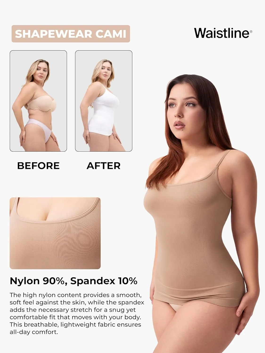 WAISTLINE Women's Compression Tank Top with Adjustable Thin Straps - Shapewear Cami for Tummy Control - Body Shaper Camisole