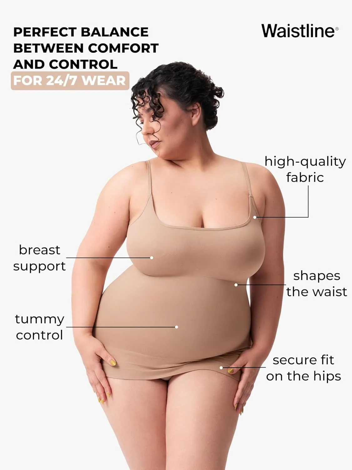 WAISTLINE Women's Compression Tank Top with Adjustable Thin Straps - Shapewear Cami for Tummy Control - Body Shaper Camisole