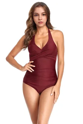 Wine Women Cross Halter One Piece Swimsuit