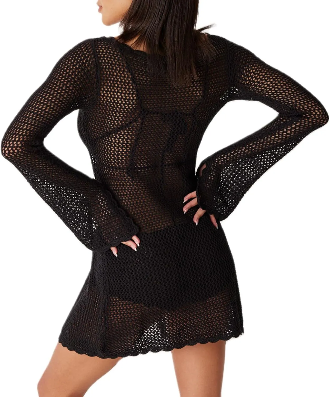 Women Crochet Tunic Beach Cover Up Sexy Front Slit Tie Waist Bikini Bathing Suit Long Sleeve Knit Top Cover Ups