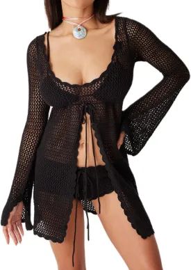 Women Crochet Tunic Beach Cover Up Sexy Front Slit Tie Waist Bikini Bathing Suit Long Sleeve Knit Top Cover Ups