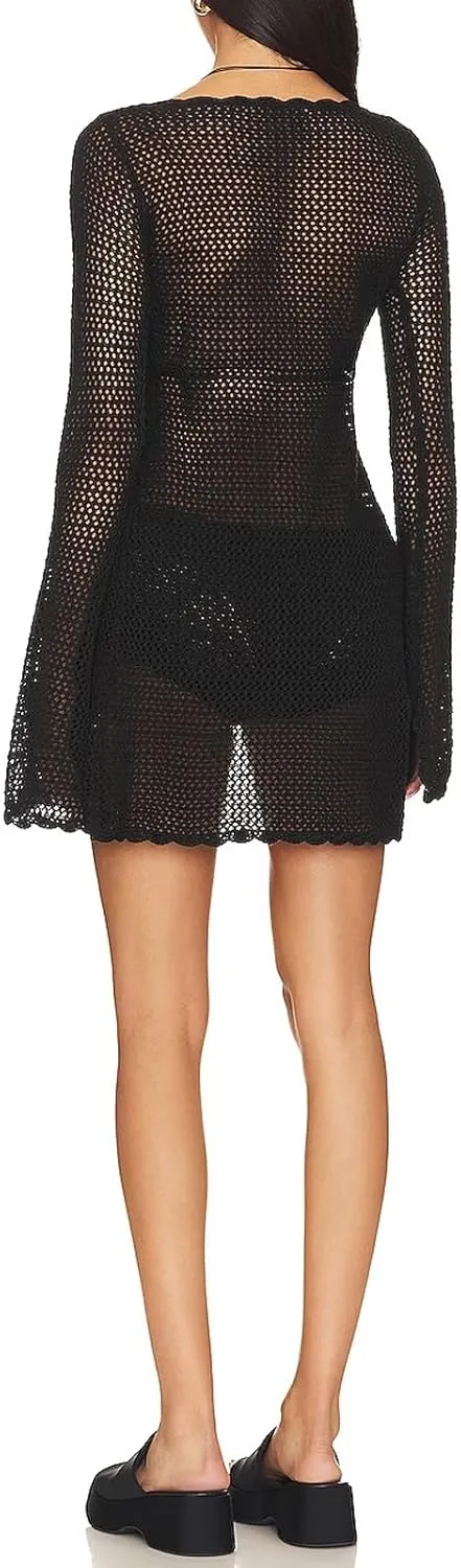 Women Crochet Tunic Beach Cover Up Sexy Front Slit Tie Waist Bikini Bathing Suit Long Sleeve Knit Top Cover Ups