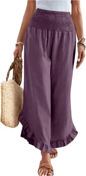 Women Linen Pants Summer Wide Leg Pants Smocked Waist Ruffle Palazzo Pant Flowy Beach Vacation Trouser with Pockets