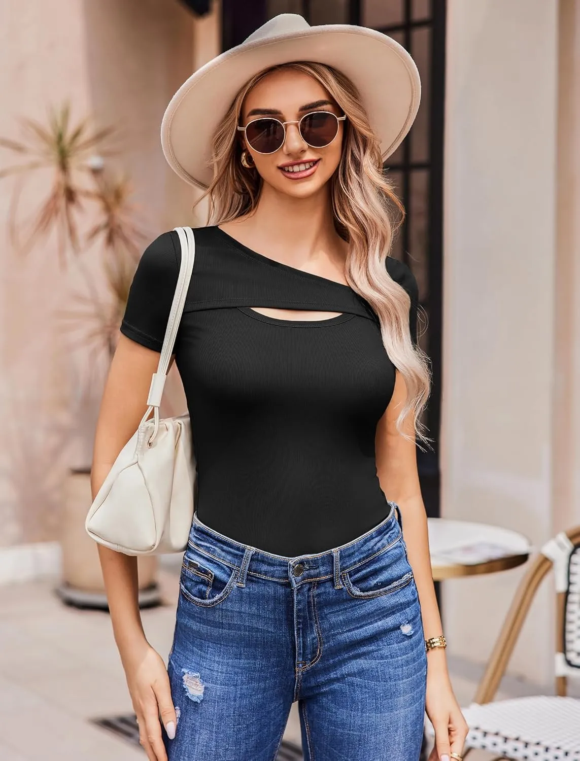 Women Ribbed Short/Long Sleeve Shirts Fashion Slim Fitted Clothes One Piece Cutout Tops 2025 S-XL