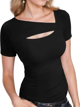 Women Ribbed Short/Long Sleeve Shirts Fashion Slim Fitted Clothes One Piece Cutout Tops 2025 S-XL