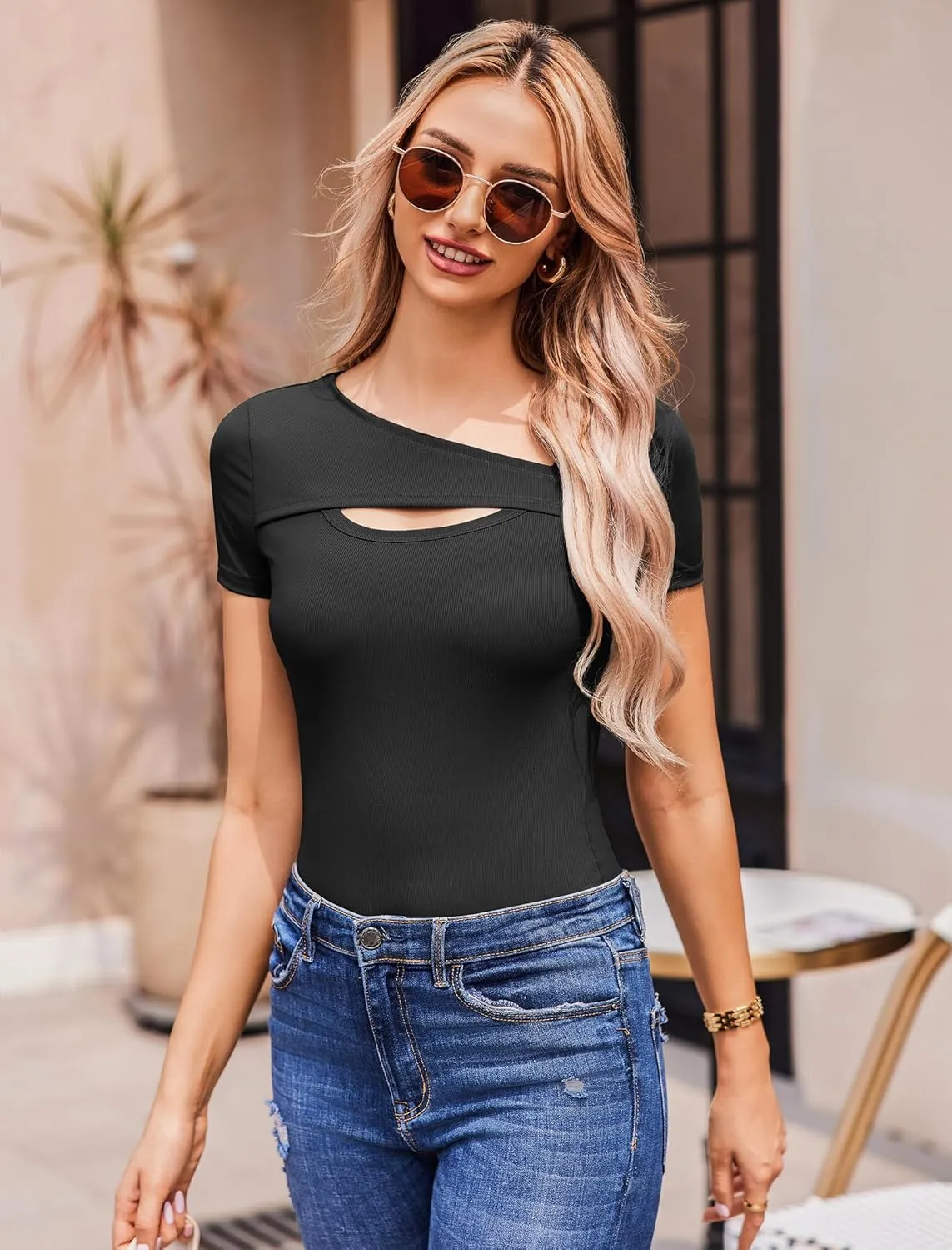 Women Ribbed Short/Long Sleeve Shirts Fashion Slim Fitted Clothes One Piece Cutout Tops 2025 S-XL