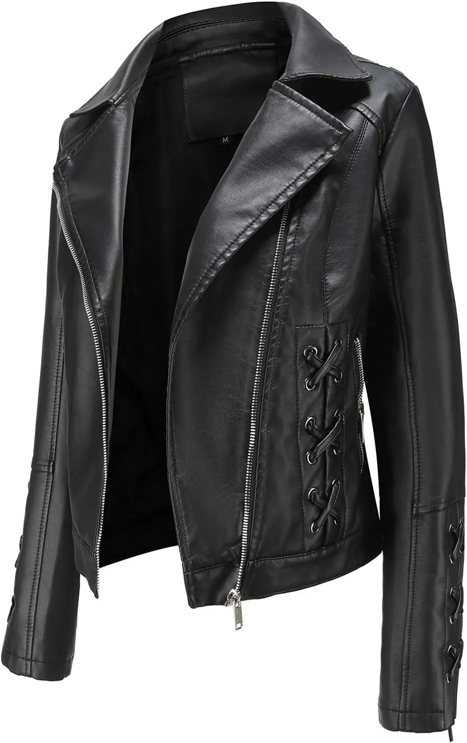 Women Waterproof PU Leather Jackets, Cropped Stand Collar Zipper Biker Jacket Fitted PU Cycling Motorcycle Jacket Coats