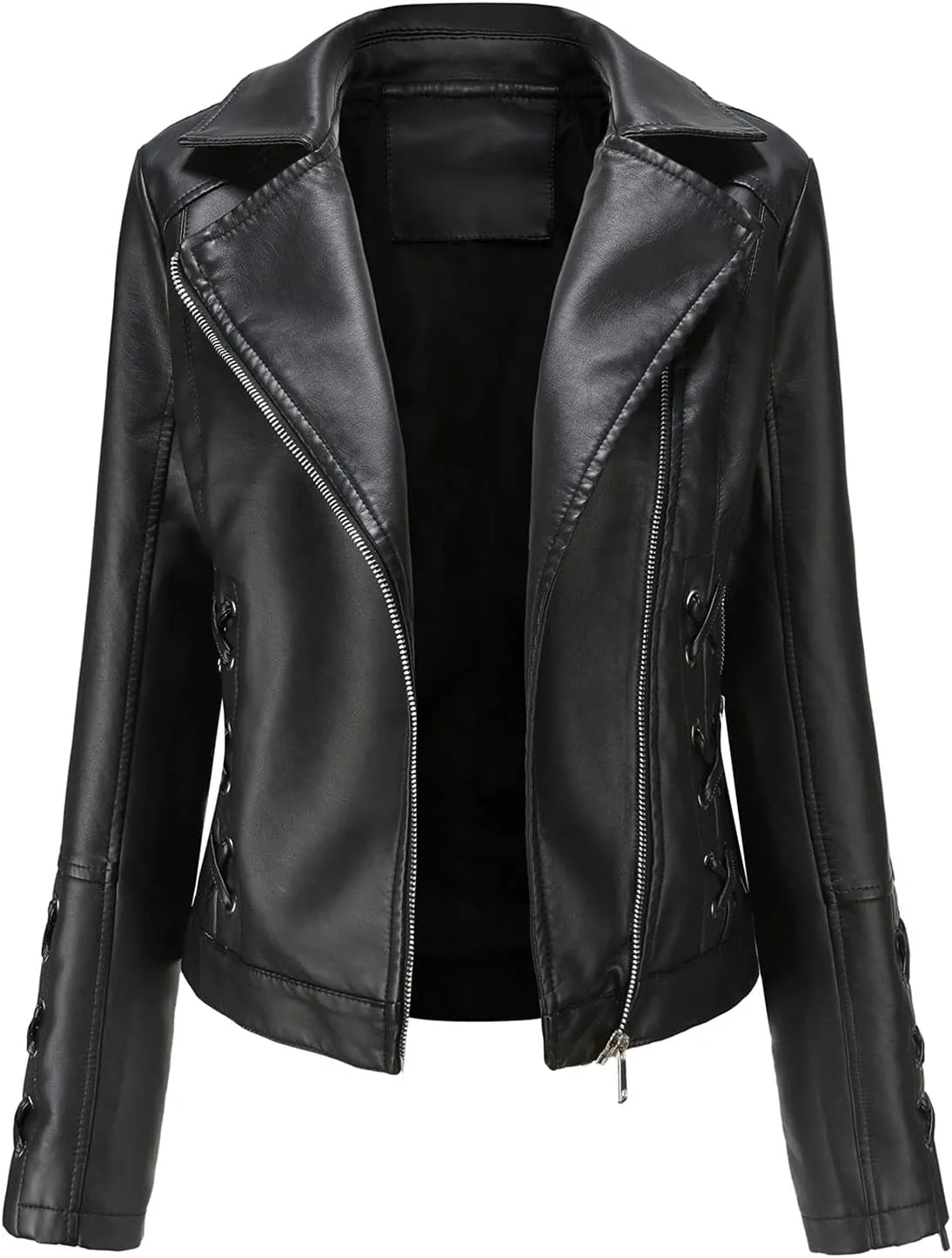 Women Waterproof PU Leather Jackets, Cropped Stand Collar Zipper Biker Jacket Fitted PU Cycling Motorcycle Jacket Coats
