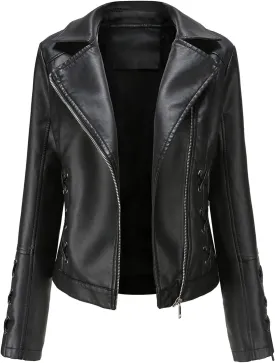 Women Waterproof PU Leather Jackets, Cropped Stand Collar Zipper Biker Jacket Fitted PU Cycling Motorcycle Jacket Coats