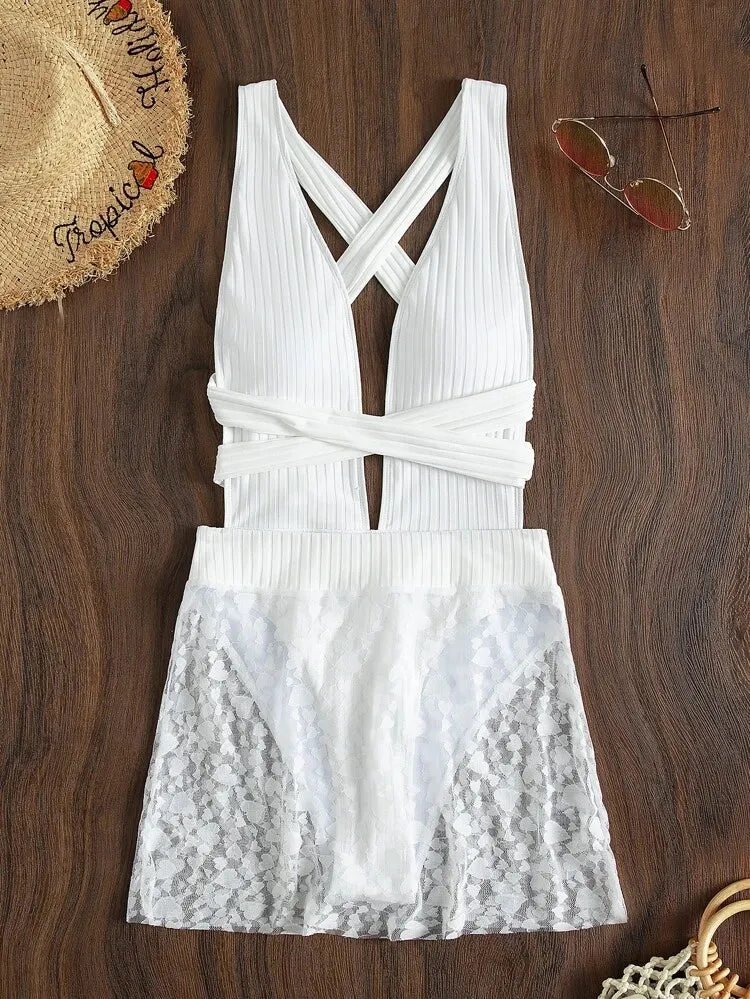 Women Wrap up bikini with coverup skirt 2pcs set