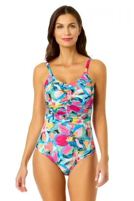 Women's Amalfi Floral Shirred Front V Neck One Piece Swimsuit