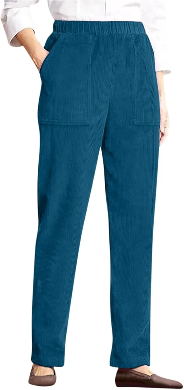 Women's Corduroy Pants Casual High Waist Straight Leg Pants Solid Color Comfy Baggy Pants Trousers with Pockets