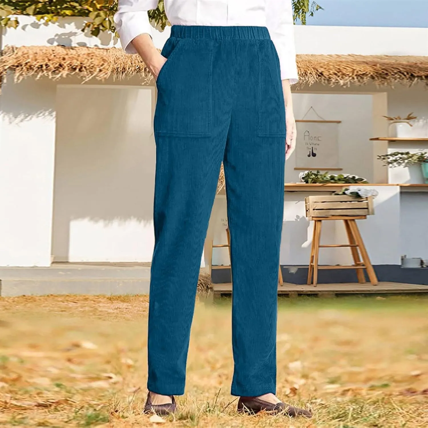 Women's Corduroy Pants Casual High Waist Straight Leg Pants Solid Color Comfy Baggy Pants Trousers with Pockets