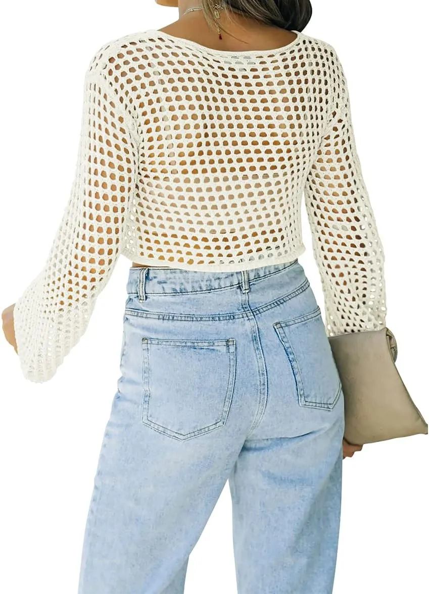 Womens Fishnet Crochet Crop Top Sexy Long Sleeve See Through Hollow Out Mesh Bikini Cover Ups