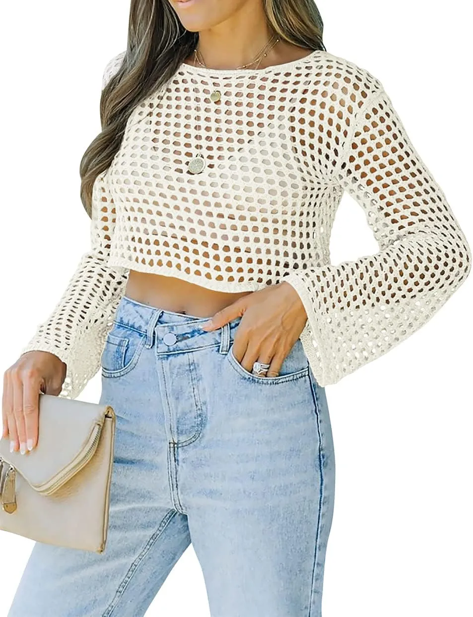 Womens Fishnet Crochet Crop Top Sexy Long Sleeve See Through Hollow Out Mesh Bikini Cover Ups