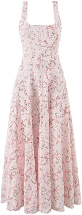 Women's Flat Collar Neck Sleeveless Printed Waist Cinching Dress Fairy-Like Midi Dress