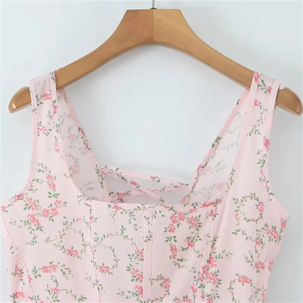 Women's Flat Collar Neck Sleeveless Printed Waist Cinching Dress Fairy-Like Midi Dress