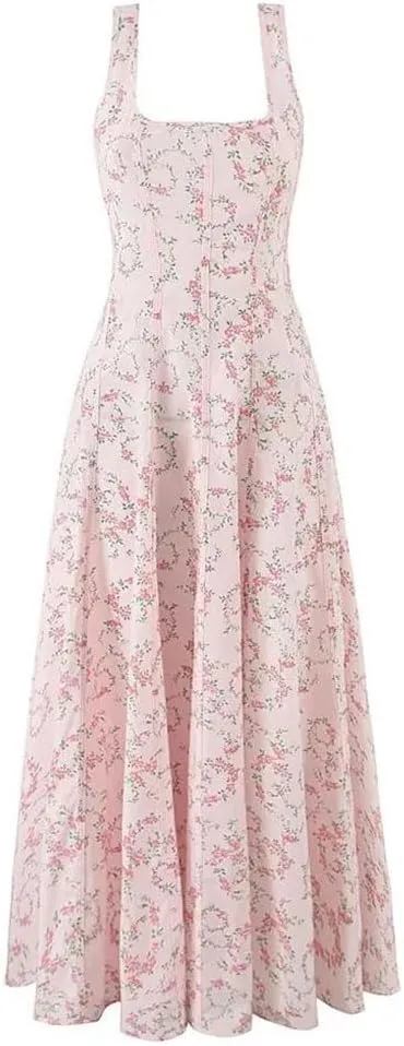 Women's Flat Collar Neck Sleeveless Printed Waist Cinching Dress Fairy-Like Midi Dress