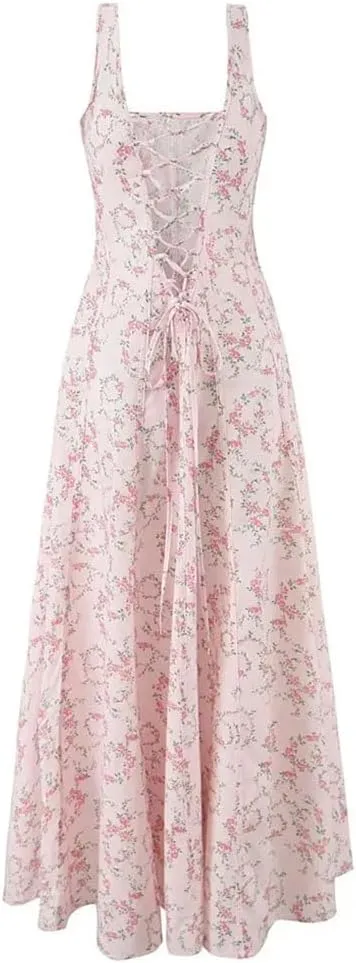 Women's Flat Collar Neck Sleeveless Printed Waist Cinching Dress Fairy-Like Midi Dress