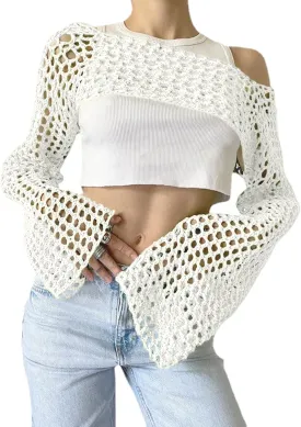 Women's Mesh Crochet Crop Tops Shrugs Sexy Y2k Hollow Out Cropped Knit Sweater See Through Bikini Cover Ups