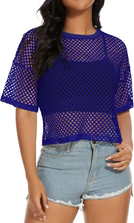Women's Mesh Fishnet Top See Through Cover Up Short Sleeves T Shirts Sheer Blouse