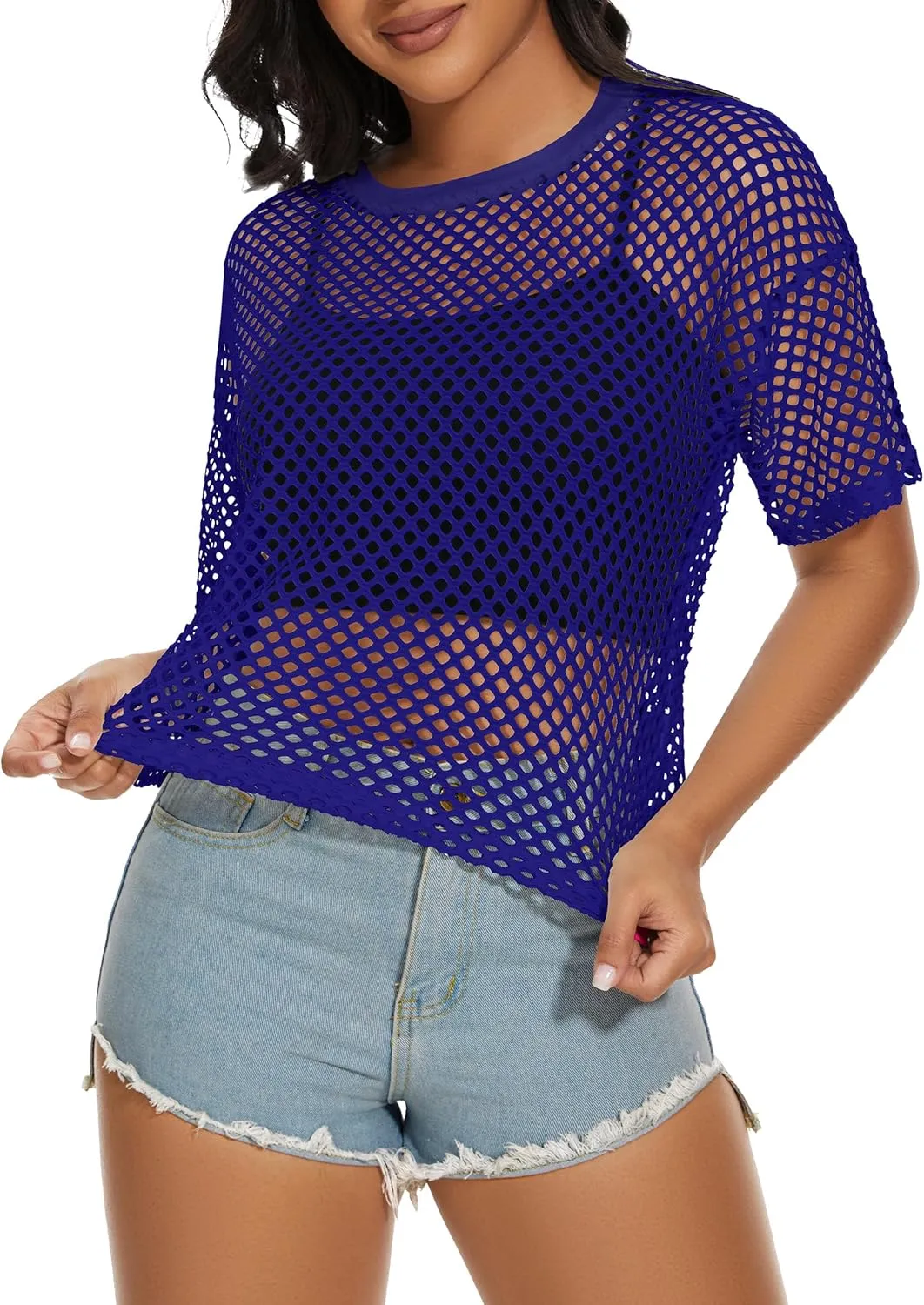 Women's Mesh Fishnet Top See Through Cover Up Short Sleeves T Shirts Sheer Blouse