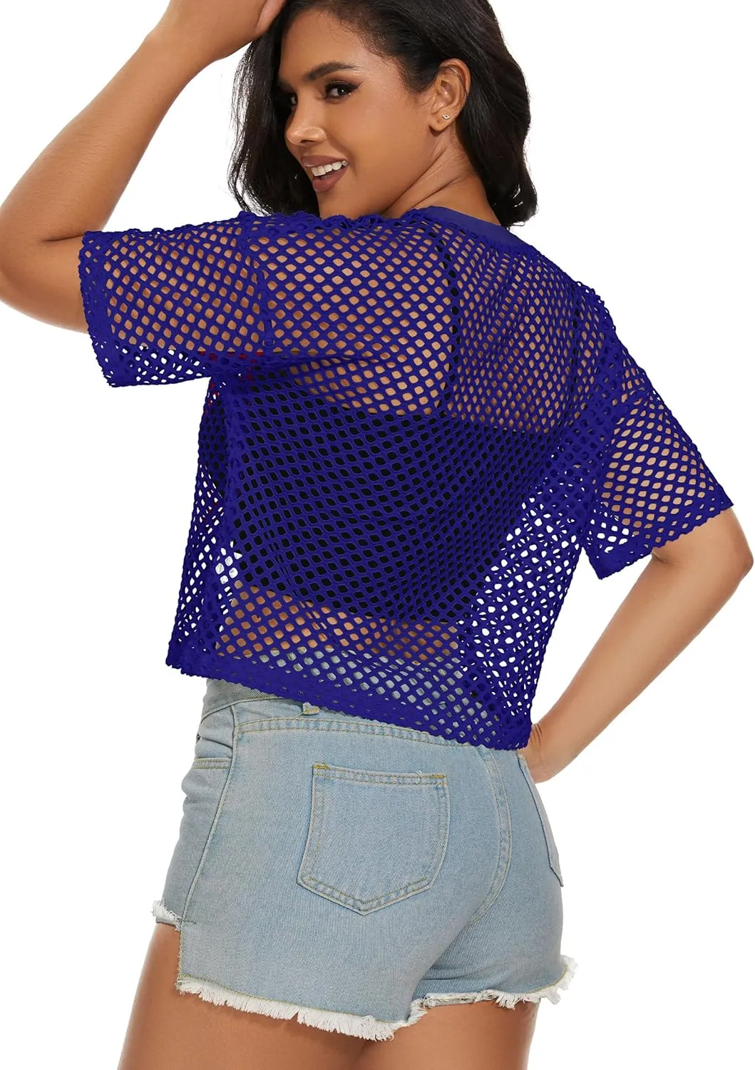 Women's Mesh Fishnet Top See Through Cover Up Short Sleeves T Shirts Sheer Blouse