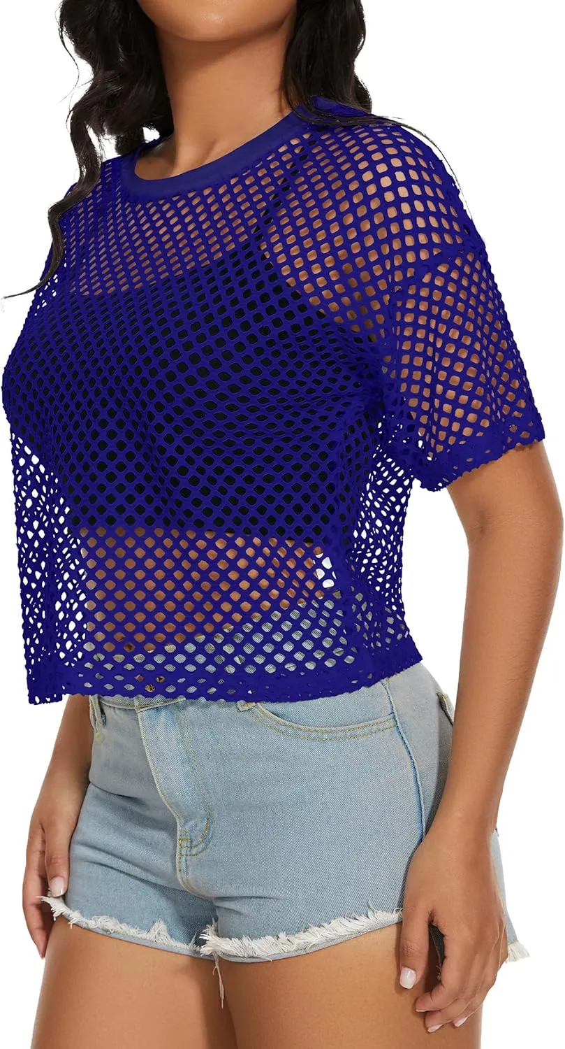 Women's Mesh Fishnet Top See Through Cover Up Short Sleeves T Shirts Sheer Blouse