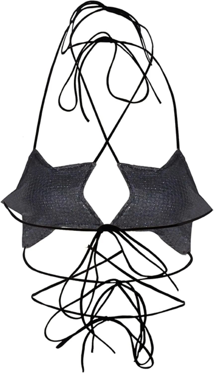 Women's Metallic Holographic Star Bra Crop Top Lace Up Halter Bralette Bandeau Camisole