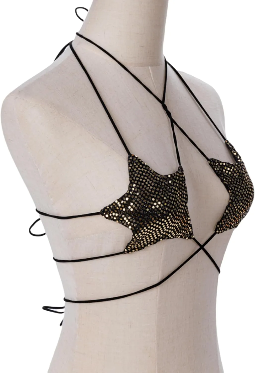 Women's Metallic Holographic Star Bra Crop Top Lace Up Halter Bralette Bandeau Camisole