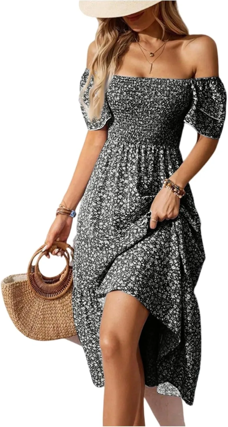 Women's Off The Shoulder Floral Midi Beach Dress for Women Elegant Casual Loose Boho Summer Sundress