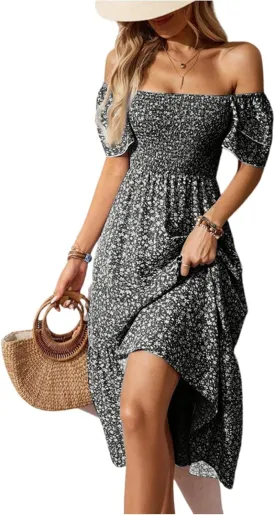 Women's Off The Shoulder Floral Midi Beach Dress for Women Elegant Casual Loose Boho Summer Sundress