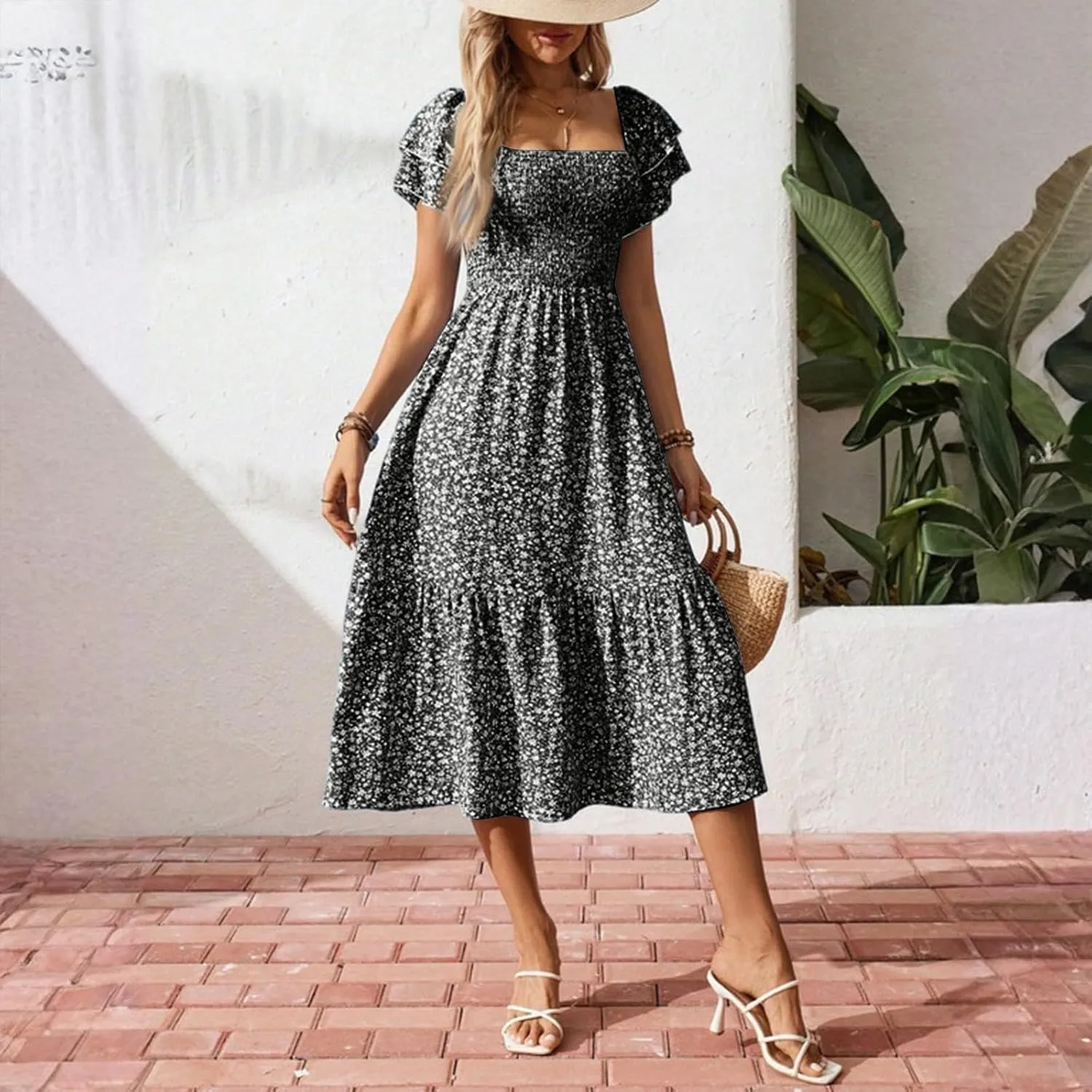 Women's Off The Shoulder Floral Midi Beach Dress for Women Elegant Casual Loose Boho Summer Sundress