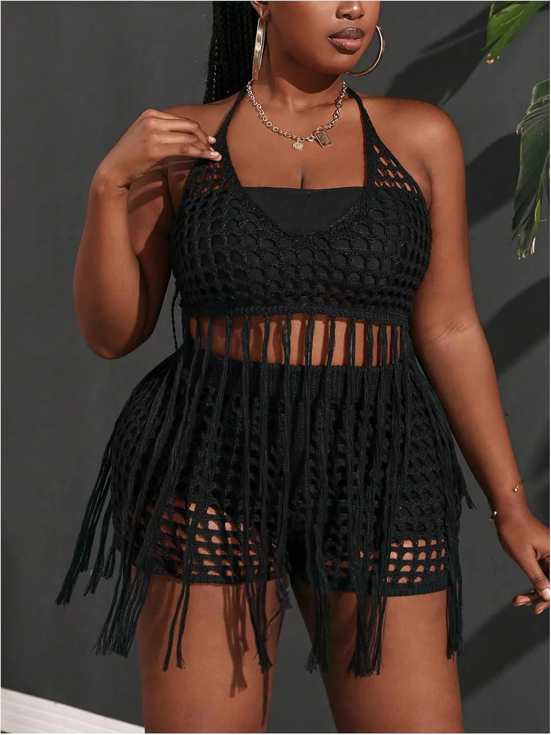 Women's Plus Size 2 Piece Crochet Swim Cover Up Set Fringe Hem Halter Beach Top and Shorts Coverups Beachwear