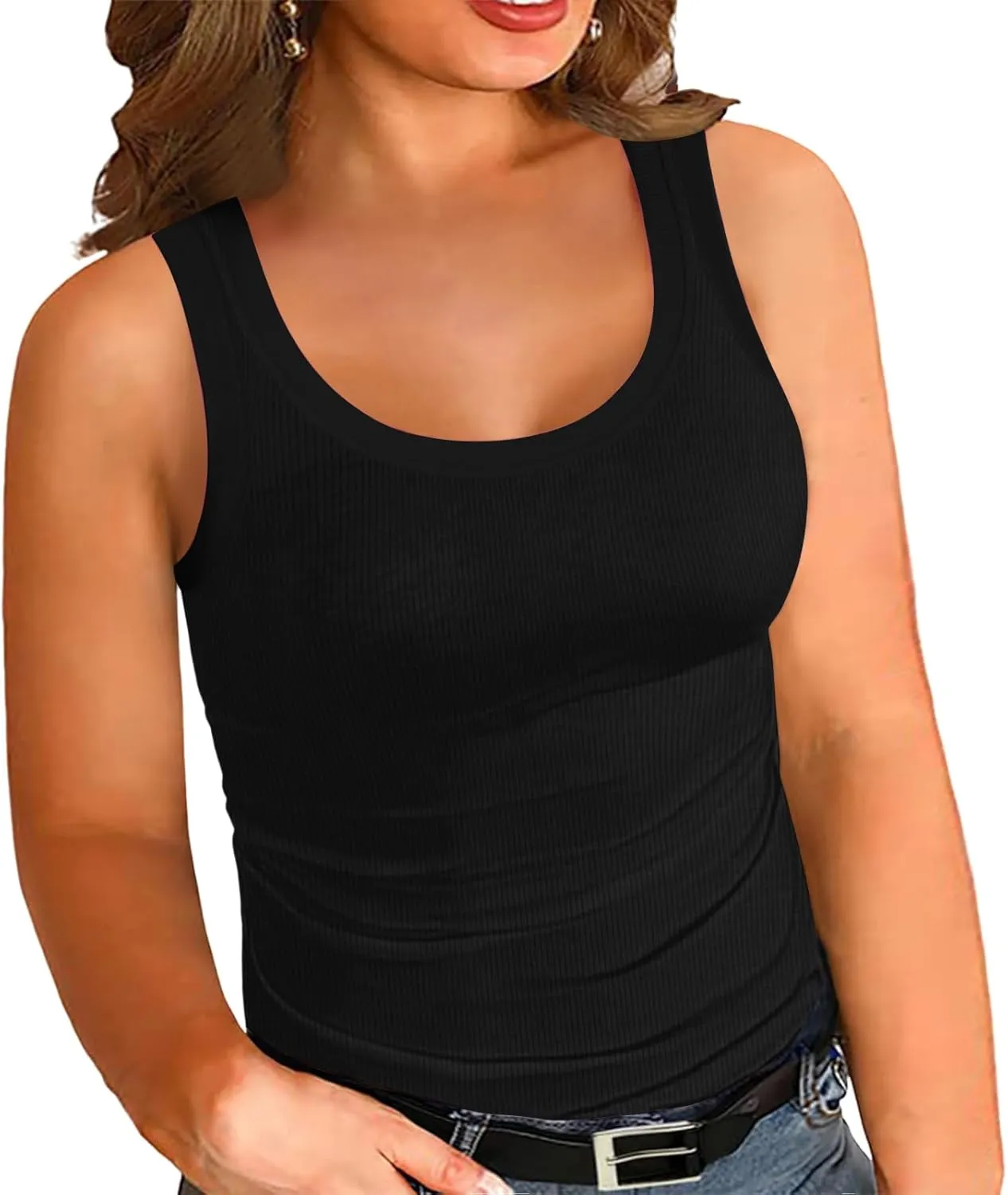 Women's Plus Size Tank Tops Summer Sleeveless Scoop Neck Cami Top Shirt Ribbed Knit Basic Casual Racerback Blouse