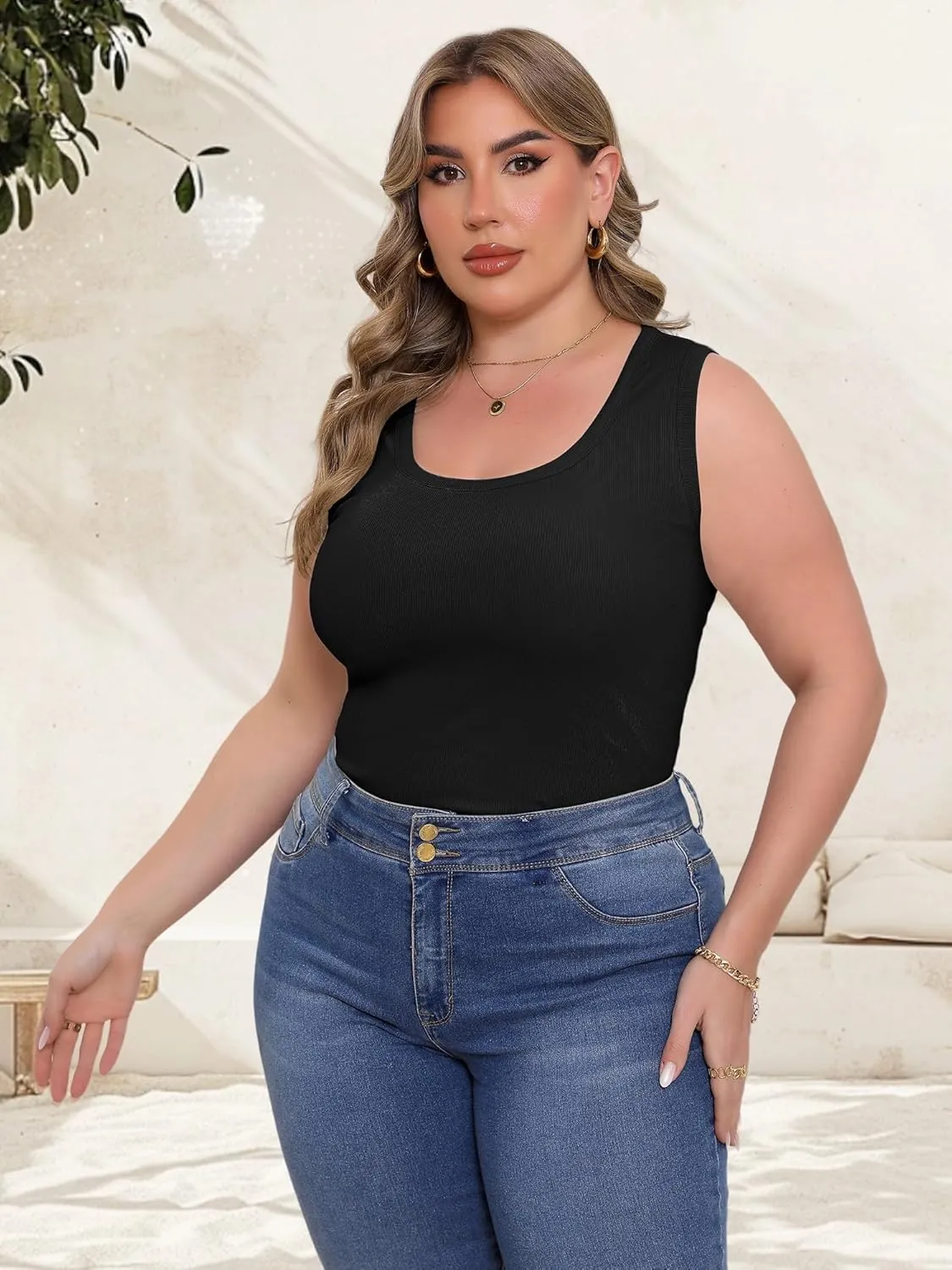Women's Plus Size Tank Tops Summer Sleeveless Scoop Neck Cami Top Shirt Ribbed Knit Basic Casual Racerback Blouse