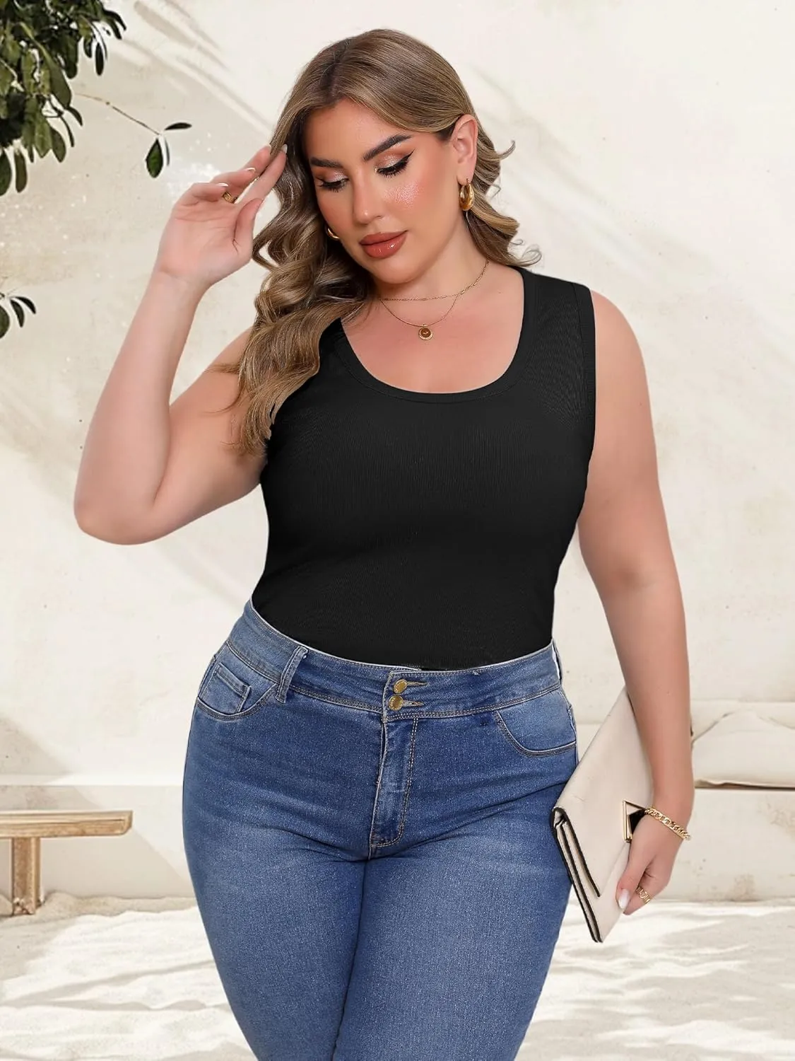Women's Plus Size Tank Tops Summer Sleeveless Scoop Neck Cami Top Shirt Ribbed Knit Basic Casual Racerback Blouse