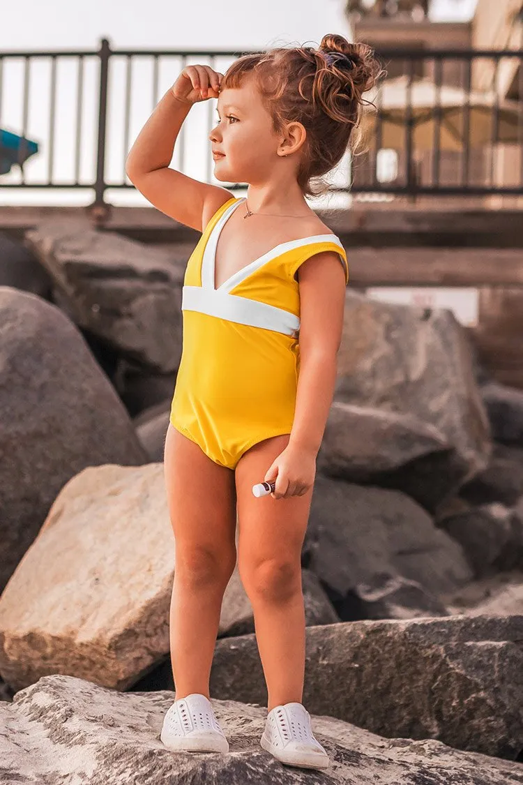 Yellow and White One-Piece Swimsuit For Toddler Girls and Girls