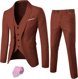 YND Men's Slim Fit 3 Piece Suit, One Button Solid Jacket Vest Pants Set with Tie