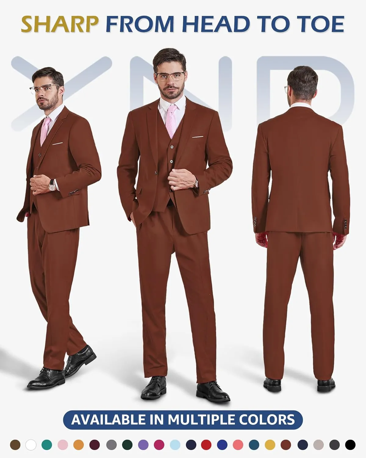 YND Men's Slim Fit 3 Piece Suit, One Button Solid Jacket Vest Pants Set with Tie