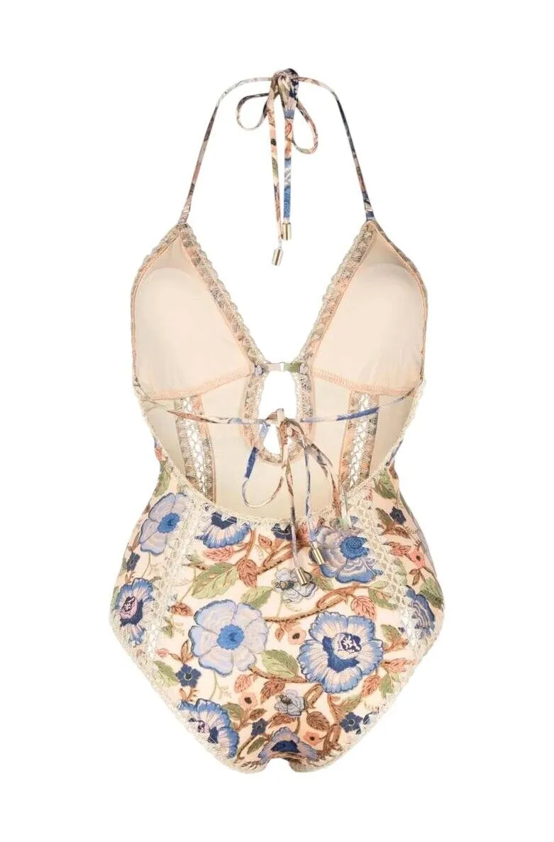 Zimmermann Junie Crochet Edge One Piece | Metallic Cotton Trim, Floral, Padding